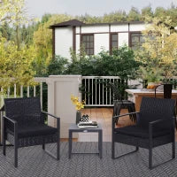 Set da Balcone, Tavolino e 2 Sedie da Esterno in Rattan con Cuscini, Nero