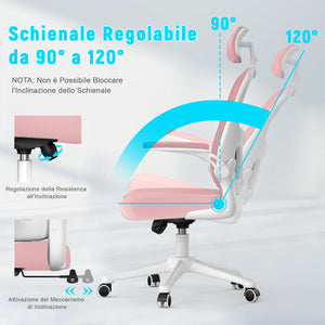 Sedia ufficio ergonomica - RATTANTREE  - Sedie da scrivania con Supporto Lombare e Poggiatesta Regolabile - Rosa