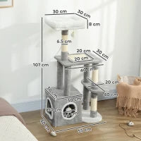 Albero Tiragraffi per Gatti con Casetta, Lettino e 2 Palline, in Legno e Peluche, 55x40x107 cm, Grigio e Bianco