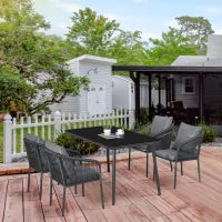 Set da Giardino per 4 Persone in Rattan PE con Sedie Impilabili e Cuscini, Piano in Vetro Temperato, Struttura in Alluminio, Grigio