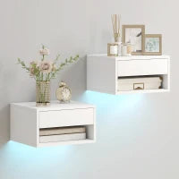 Set 2 Comodini Sospesi con LED RGB Integrati e Regolabili con APP, Cassetto e Ripiano, 37x32x21 cm, Bianco