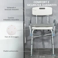 Sedia Doccia ad Altezza Regolabile con Braccioli e Cuscino Rimovibile 53.5x52x80-90 cm, Bianca