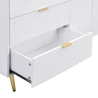 Credenza con ante e ripiani interni, cassetti, maniglie e gambe dorate, 120x38x80,5 cm, Bianco