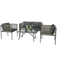 Set Salotto da Giardino in Rattan con 2 Poltrone, Divanetto 2 Posti e Tavolino da Caffè in Vetro, Grigio
