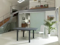 E-STYLO Tavolo allungabile con top in vetro temperato grigio e gambe in metallo grigio, 90cm X 90/163,5cm H. 76cm.