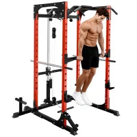 Stazione Fitness con Supporto per Bilanciere e Barra per Trazioni e Dip, in Acciaio, 191x153x205 cm, Rosso e Nero