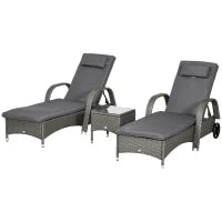 Set Lettini Prendisole con Tavolino da Giardino, Set da Giardino 3 Pezzi, Rattan Sintetico e Metallo, Grigio Scuro