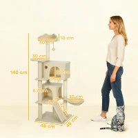 Tiragraffi per Gatti 140 cm con Piattaforme Letto, 2 Casette, Amaca, Scala e Pali in Sisal, Beige