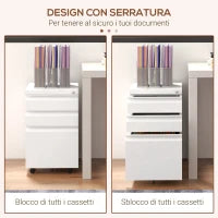 Mobiletto da Ufficio a 3 Cassetti con Barra Regolabile e Vassoio, in Acciaio, 37x43.5x60 cm, Bianco