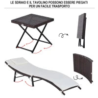 Lettini Prendisole Richiudibili con Cuscini Rimovibili e Tavolino Pieghevole, Set 3 Pz in Rattan, Crema