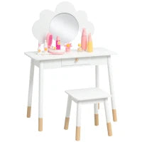 Set da Trucco per Bambine 3-6 Anni con Sgabello e Tavolo Toeletta con Specchio e Cassetto in Legno Bianco