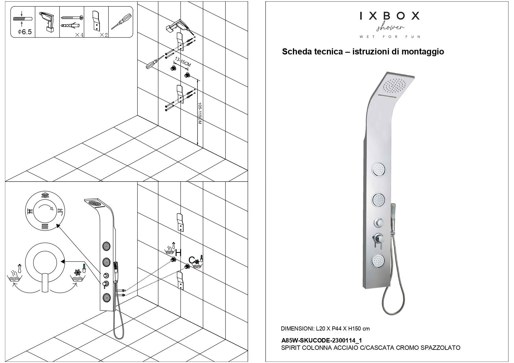 Colonna doccia joy acciaio inox 3 getti idro e cascata arredamento h150xl20xp44 *** finitura- cromo lucido, confezione 1