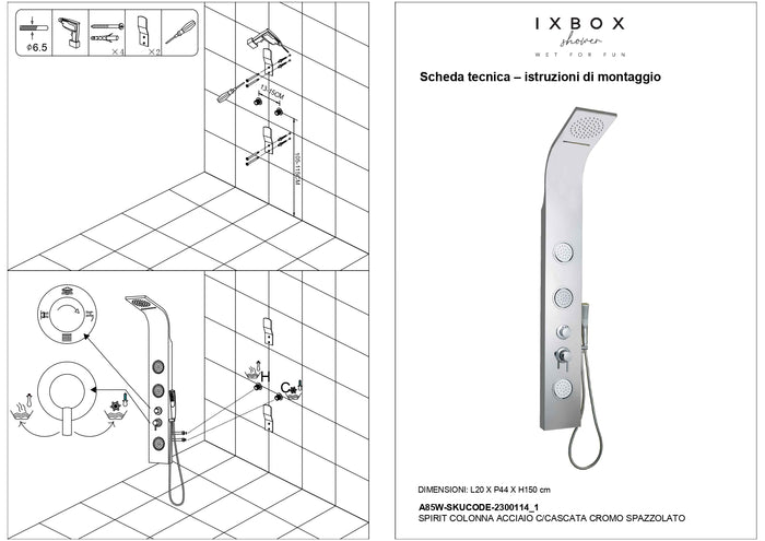 Colonna doccia joy acciaio inox 3 getti idro e cascata arredamento h150xl20xp44 *** finitura- cromo lucido, confezione 1