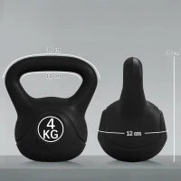 Kettlebell 4kg in Plastica e Sabbia con Base Piatta e Impugnatura, 18x12x20 cm, Nero