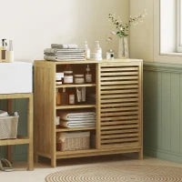Armadio da Bagno in Bambù con 2 Porte Scorrevoli, Design a Listelli, 4 Ripiani, Mobiletto Portaoggetti, 80x34x80 cm, Naturale