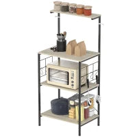 Scaffale Cucina a 4 Livelli con Pannelli a Rete e 8 Ganci Stile Industriale, 60x42x134.5 cm, Rovere