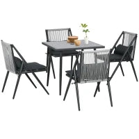 Set da Giardino con 4 Sedie con Cuscini e Tavolo da Pranzo Quadrato in Vetro, Grigio Scuro