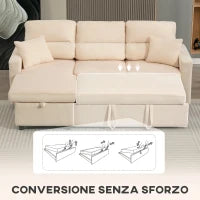 Divano Letto Angolare con Vano Contenitore, Rivestimento in Velluto a Coste e 2 Cuscini, 205x135x76 cm, Beige