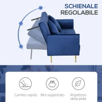 Divano Letto Clic Clac con Schienale Regolabile e 2 Cuscini, in Tessuto Effetto Velluto, 215x83x87 cm, Blu
