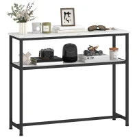 Console da Ingresso Stretta con Superficie Effetto Marmo Mensola Aperta e Struttura in Metallo 100x30x81 cm Bianco