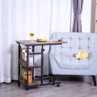 Tavolino Portaoggetti con Ruote, Regolabile in Altezza, Compatto, 2 Ripiani, Telaio in Metallo, 80x40x72-82 cm, Marrone e Nero