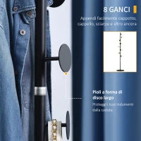 Appendiabiti da Terra con 8 Ganci, Struttura in Acciaio con Base in Marmo, 35x35x170cm, Nero