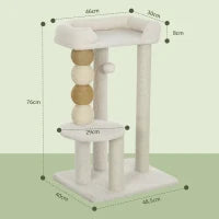 Torre per Gatti con Lettino, Piattaforma e Pallina Giocattolo, in Legno, Peluche e Iuta, 48.5x40x76 cm, Beige