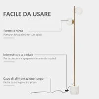 Lampada da Terra con 2 Paralumi a Sfera e Interruttore a Pedale, 35x35x165cm, Oro e Bianco