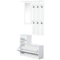 Set Mobili Ingresso Moderno con Scarpiera e Specchio, Appendiabiti da Ingresso con 6 Ganci, 2 Ripiani Regolabili e Cassetti in Legno per Corridoio, 90x24x177 cm, Bianco