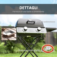 Barbecue a Gas Portatile con 2 Bruciatori e 2 Tavolini, Coperchio con Termometro e Ruote, Nero