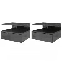 Set da 2 Comodini Moderni Sospesi con Cassetto e Mensola in Legno 35x32x22.5cm, Nero Lucido