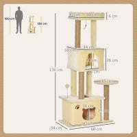 Albero Tiragraffi per Gatti Alto 136 cm con Cuccia Rimovibile, Casetta e Lettino, Pali in Iuta, Beige