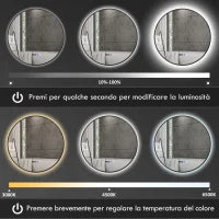 Specchio Bagno con Luce LED Regolabile, Antiappannamento e Display Tempo e Temperatura, Ø70 cm, Nero