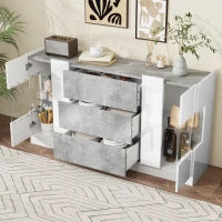 Credenza con illuminazione LED, cassetti, frontali lucidi ed effetto marmo, 140x35x75 cm, Bianco e Grigio