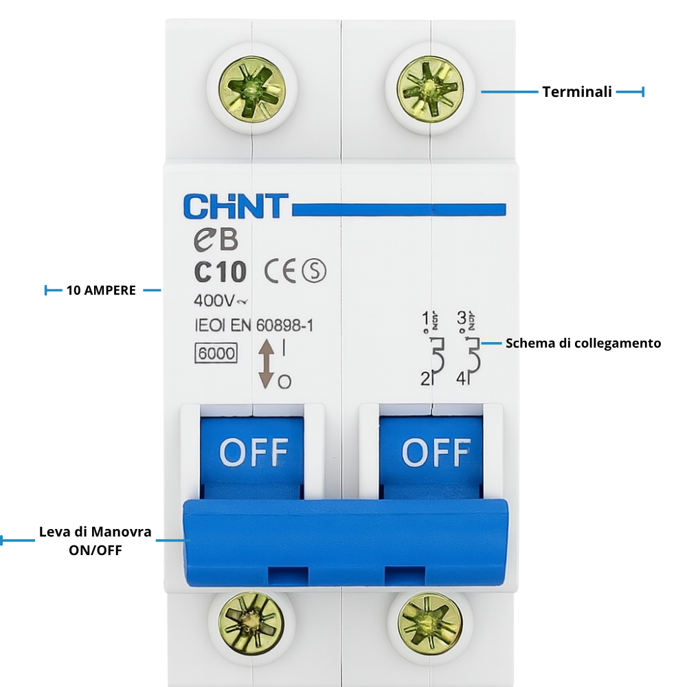 Chint interruttori magnetotermici 1p+n curva c 4,5ka serie eb 2 moduli *** ampere 10 ampere, confezione 1