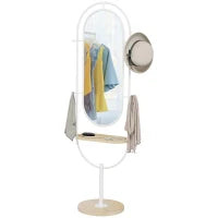 Specchio da Terra a Figura Intera 175,5x50 cm con Vassoio in Legno 4 Ganci e Cornice in Metallo per Soggiorno Camera Bianco