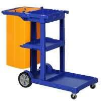 Carrello Pulizie a 3 Ripiani con Ganci e Sacco da 100L, 121x50.5x96.5 cm, Blu Giallo e Grigio