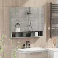 kleankin Armadietto con Specchio a 4 Sezioni con Ripiani Regolabili, in Legno e Vetro, 90x15x75 cm, Grigio