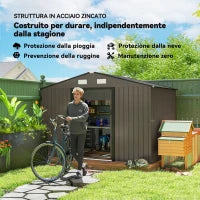 Casetta da Giardino con 4 Prese d'Aria e 2 Porte Scorrevoli in Acciaio, 277x195x192 cm, Marrone