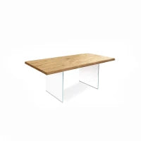E-STYLO Tavolo allungabile con top in rovere naturale impiallacciato e bordo massellato, gambe in vetro temperato extra trasparente, 90cm X 160/240cm H. 76cm.
