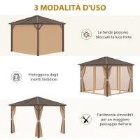 Gazebo da Giardino 3x3m in Alluminio con Zanzariera, Tende Laterali e Tetto Rigido, Marrone