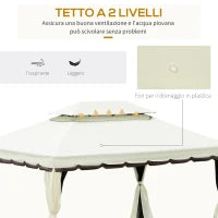 Gazebo da Giardino 4x3m con Zanzariera, Tende e Doppio Tetto in Alluminio e Poliestere, Crema