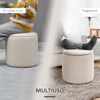 Set di 2 Pouf Contenitore Salvaspazio Rotondi e Imbottiti in Velluto a Coste, Bianco