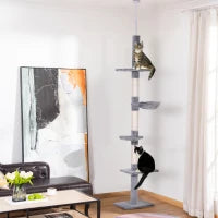 Albero Tiragraffi a 4 Livelli ad Altezza Regolabile, in Truciolato, Peluche e Sisal, 40x34x230-260 cm, Grigio