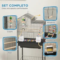 Gabbia per Uccelli con Piedistallo, Ruote Girevoli, Ripiano e Accessori, 46x36x120 cm, Nero