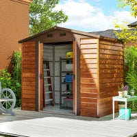 Casetta da Giardino Porta Attrezzi con Porte Scorrevoli e Pareti Effetto Legno, 2.3x1.5x2 m, Marrone