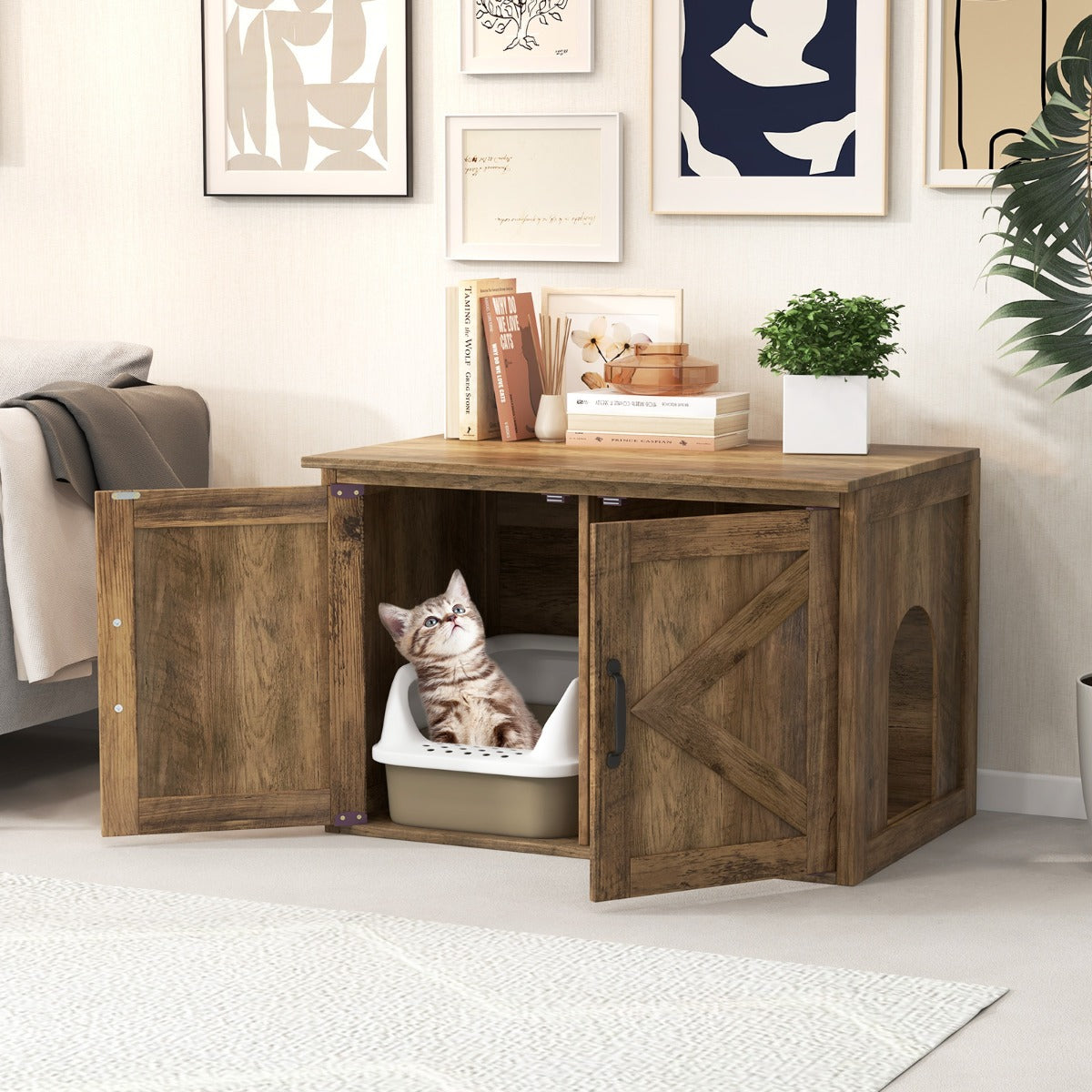 Enclosure per lettiera per gatti con dopie porte scorrevoli, Casa decorativa per gatti da interno-Lettini e divanetti