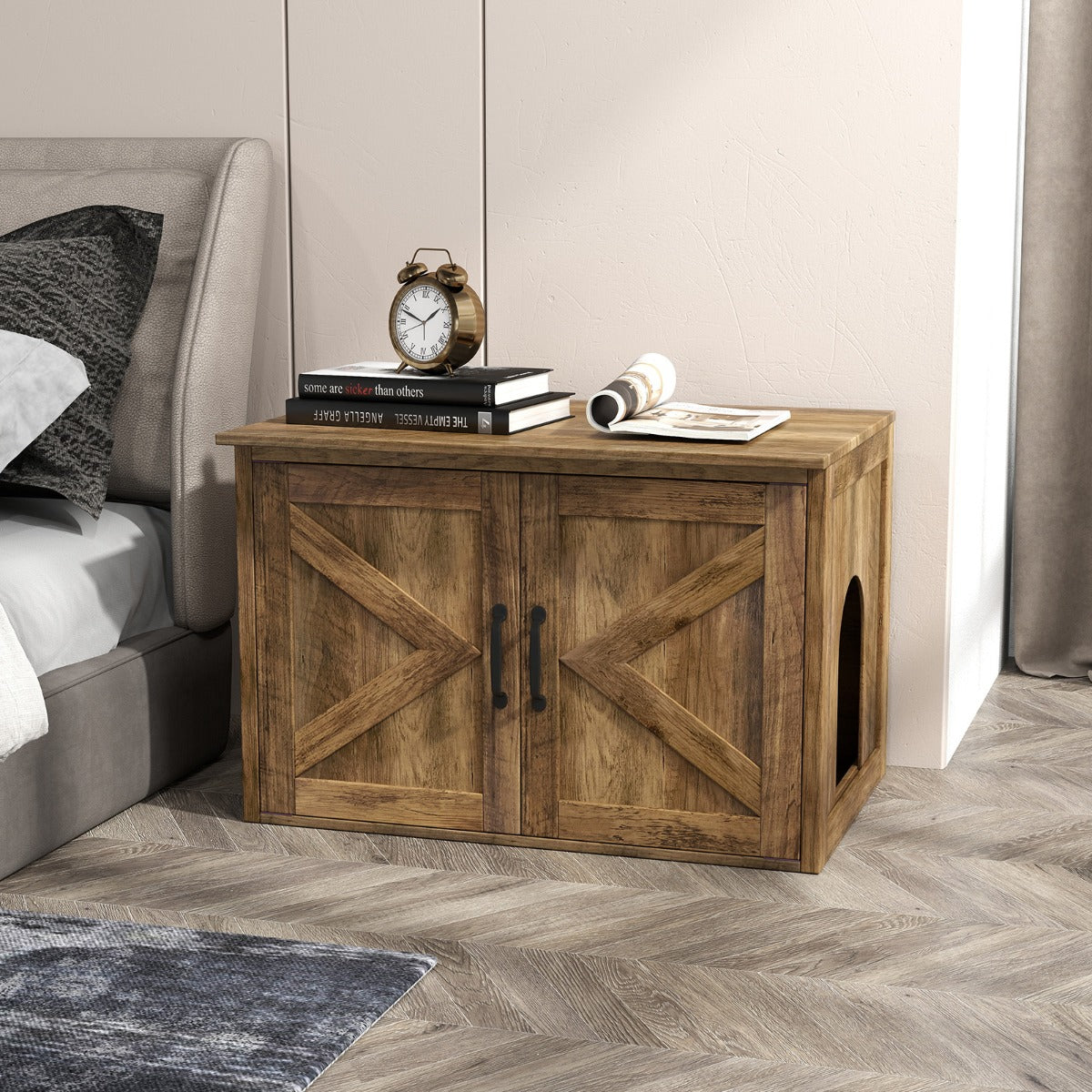 Enclosure per lettiera per gatti con dopie porte scorrevoli, Casa decorativa per gatti da interno-Lettini e divanetti