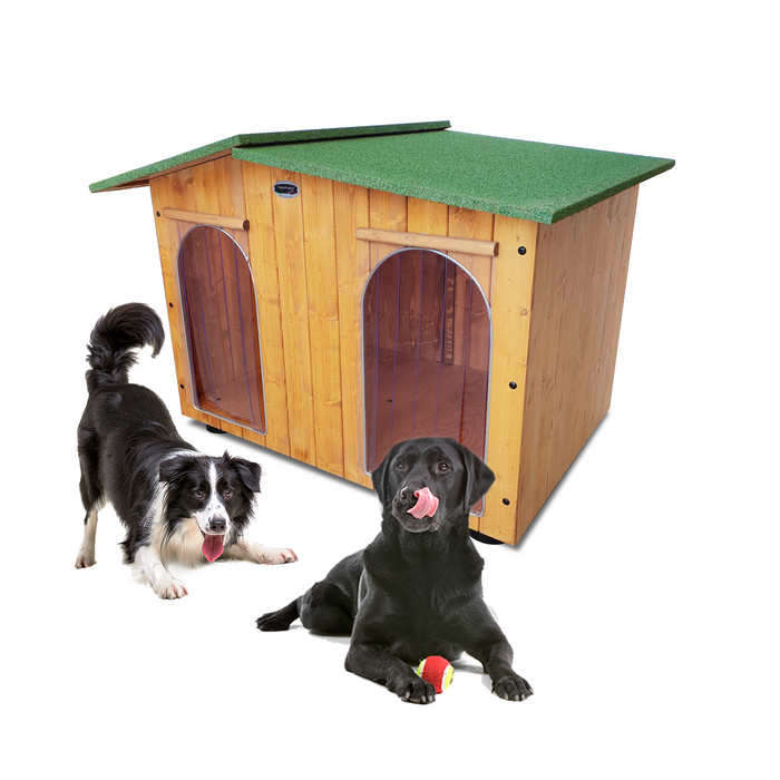 CUCCIA IN LEGNO DA ESTERNO MODELLO OASI CON DUE INGRESSI SENZA SEPARÈ CON 2 "TENDINE OMAGGIO" L.119 x P.90 x H.87