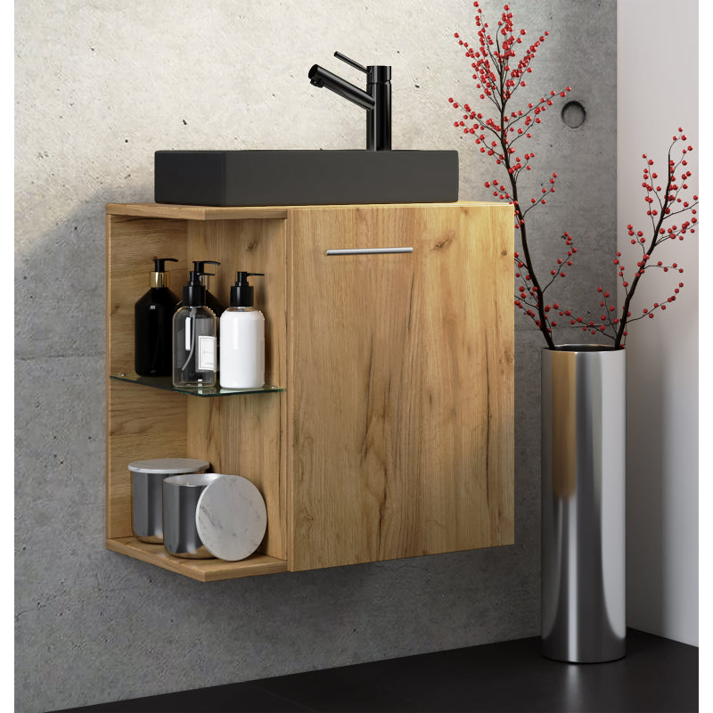 Oasi di Ezooza Mobile Sospeso con lavabo in ceramica di alta qualità, Rovere miele , lavabo Nero